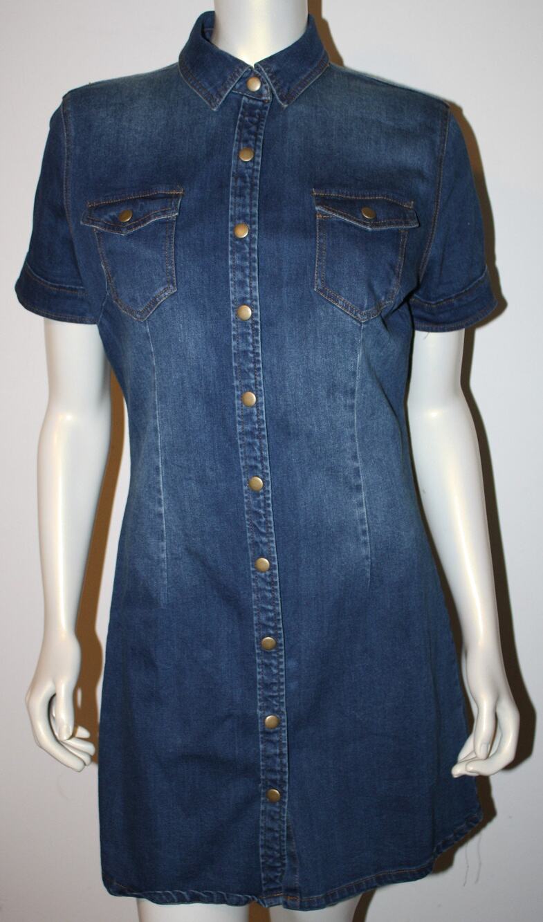 PAPER CRANE Blue Chambray Denim SS Dress L Snap Front